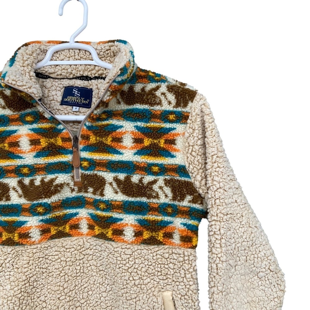 Simply Southern Fuzzy Bear Southwestern Print Quarter Zip Pullover Women's S - Picture 4 of 11